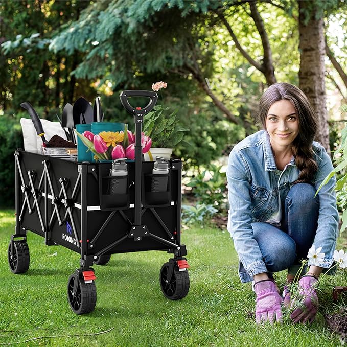 Folding Wagon Cart with Wheels Foldable - Collapsible Wagons Carts Heavy Duty, Fold Up Portable Utility Wagon for Grocery Beach Sports Fishing Camping Shopping Black