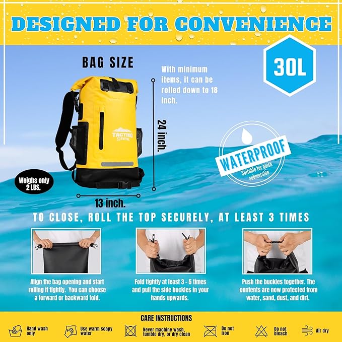 TACTIKO 30L Heavy-Duty 100% Waterproof Backpack, Roll Top Dry Bags for Kayaking, Hiking, Camping, Survival