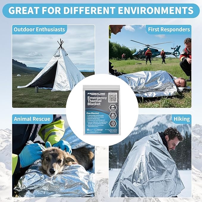 FRONTLINE Emergency Thermal Blankets Large 54" x 84" Mylar Blankets Survival Gear Camping Gear Emergency Space Blanket First Aid for Survival (4)
