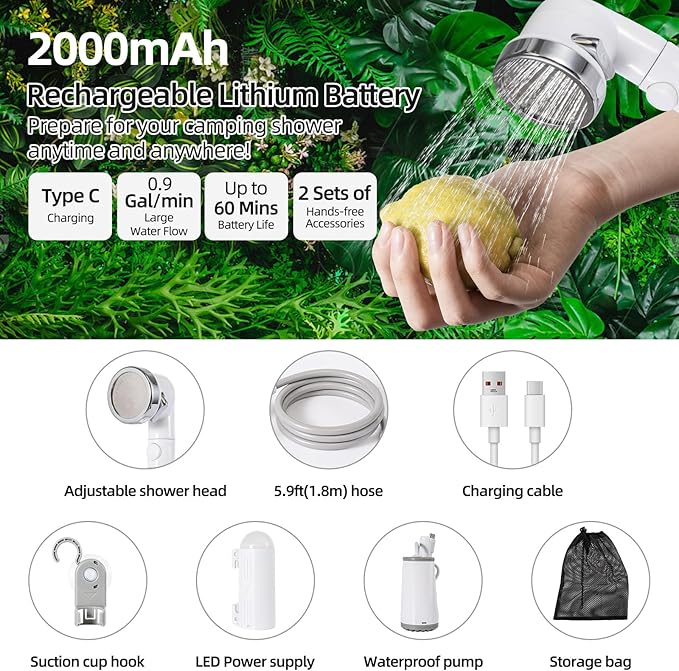 Camping Shower, Portable Shower Pump Power by Rechargeable Battery with Led Light, Portable Shower for Camping, Multiple Spray Camp Shower Head for Outdoor Camping, Hiking, Traveling & Beach