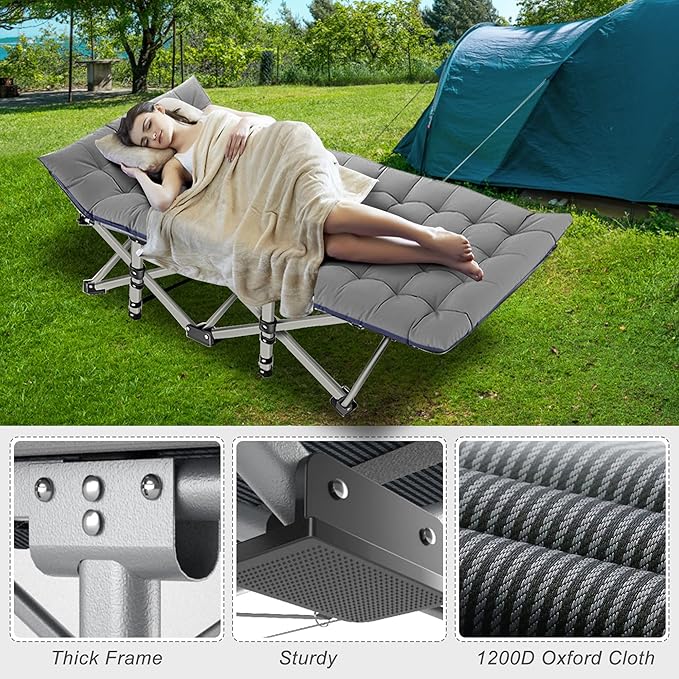 ABORON 2 Pack Folding Camping Cot W/Mat for Adults, Heavy Duty Outdoor Bed with Carry Bag,1200 D Layer Oxford Travel Camp Cots