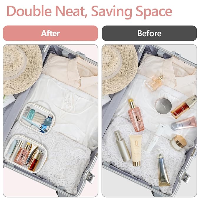 PACKISM TSA Approved Toiletry Bag - Glitter Textured Clear Toiletry Bag, Personalized and Fashion, with 180° Large Opening and Supporting Frame, Perfect for Travel Essentials, Thick No Smell, White