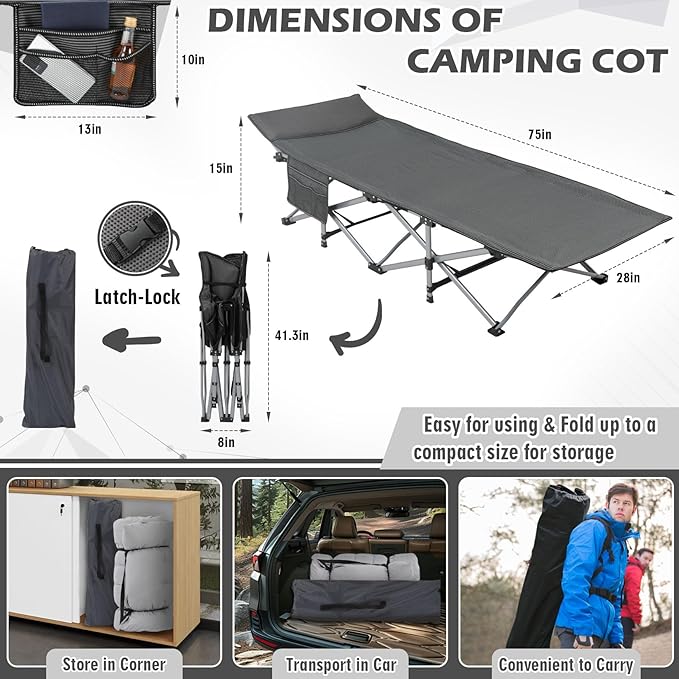 Folding Camping Cot 28inch w/Mattress, Heavy Duty Portable Sleeping Cot with Carry Bag, Double Layer Oxford Travel Camp Cots for Outdoors & Indoors, Suit for Adults Kids,Grey