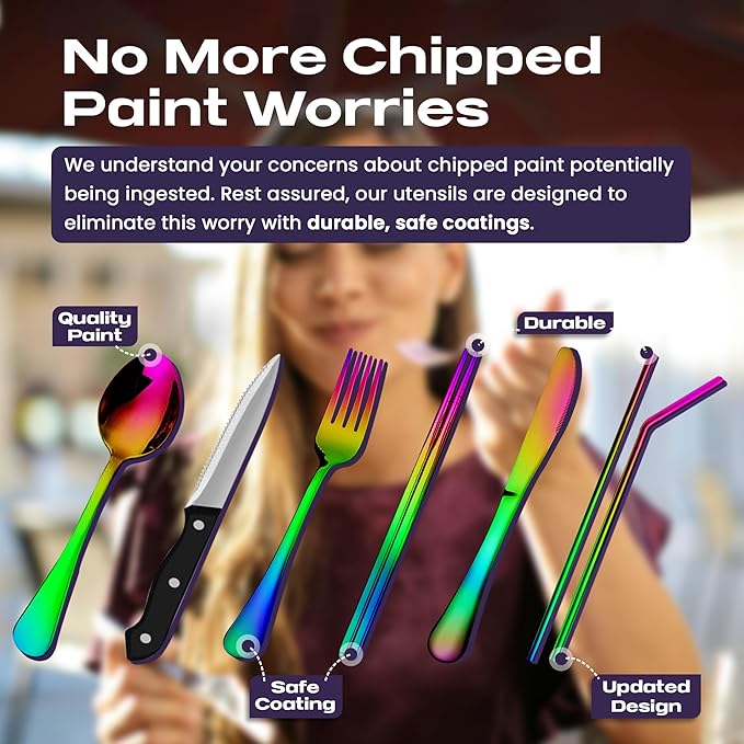 Portable Travel Silverware Set With Case, Includes 10 Pcs of Travel Utensils With Case, Stainless Steel Flatware Set For Camping, Lightweight (Multi-Color)