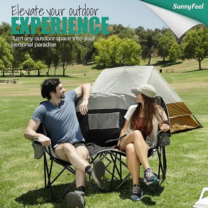SUNNYFEEL Folding Double Camping Chair, Oversized Loveseat Chair, Heavy Duty Portable/Foldable Lawn Chair with Storage for Outside/Outdoor/Travel/Picnic, Fold Up Camp Chairs for Adults 2 People