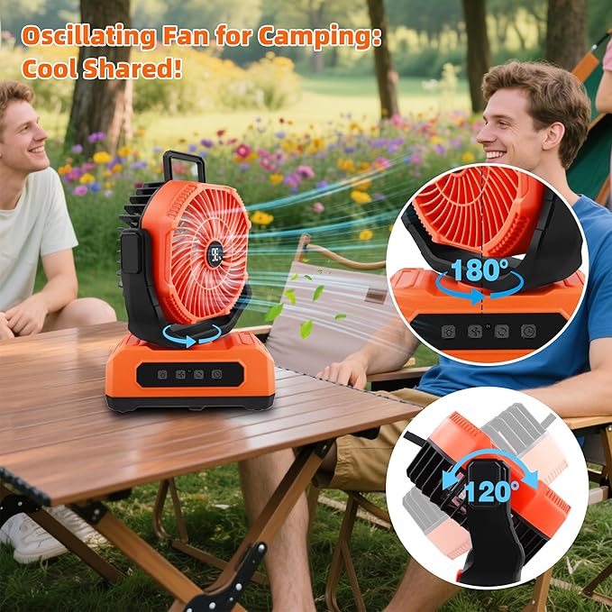 Roykaw Camping Fan 20800mAh Rechargeable Battery Powered Fan for 60 Hrs Cooling, Oscillating Fan with Battery Level Display, Colorful LED Lights & Timer Function, Fit for Fishing/Office, Orange