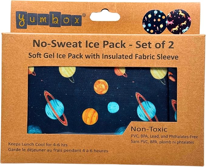 Yumbox Reusable Soft Ice Packs with Fabric Sleeve for Lunch Box and Cooler, Sweatproof, Pack of 2 Gel Ice Packs, Outer Space and Unicorns Prints
