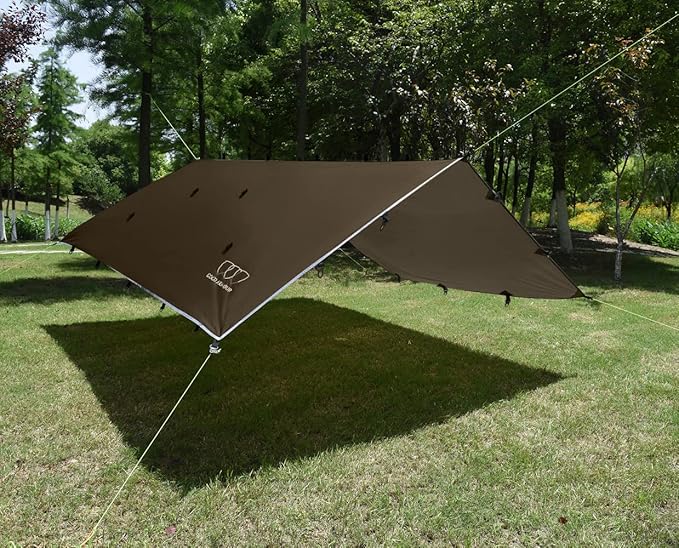Gold Armour Rainfly Tarp Hammock, Premium 14.7ft/12ft/10ft/8ft Rain Fly Cover, Waterproof Ultralight Camping Shelter Canopy, Survival Equipment Gear Camping Tent Accessories (Brown 10ft x 8ft)