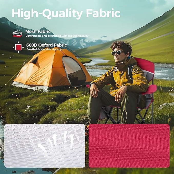 ALPHA CAMP 2PC Oversized Mesh Back Camping Folding Chair Heavy Duty Support 350 LBS Collapsible Steel Frame Quad Chair Padded Arm Chair with Cup Holder Portable for Outdoor (Red-2PC)