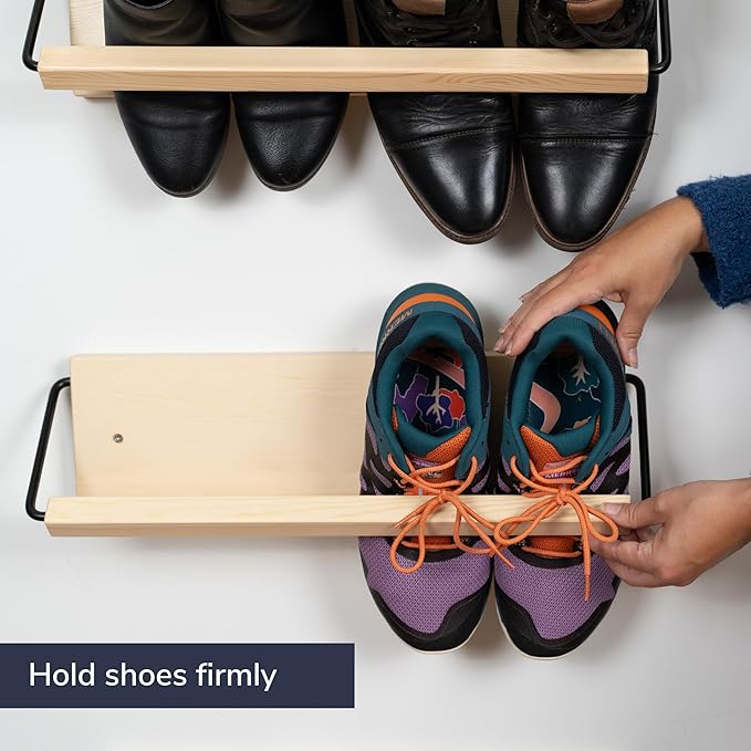 Wall Mounted Shoe Rack - A Wooden, Modern, Slim, and Small Shoe Storage Solution for Shoes and Boots in Narrow Spaces, entryways, or hallways. (20-in-Wide, Pack of 2)