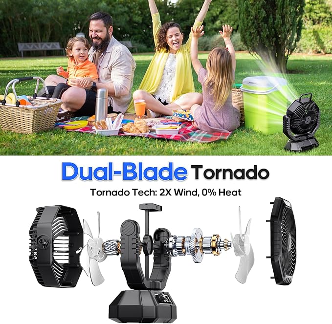 Portable Fan Rechargeable, 20000mAh Battery Powered Fan, LED Light, Remote Controller, Dual-Blade, 90°/270° Swing, 1-3H Timer, Battery Operated fan For Travel Tent Camping Bedroom Office Beach Fishing