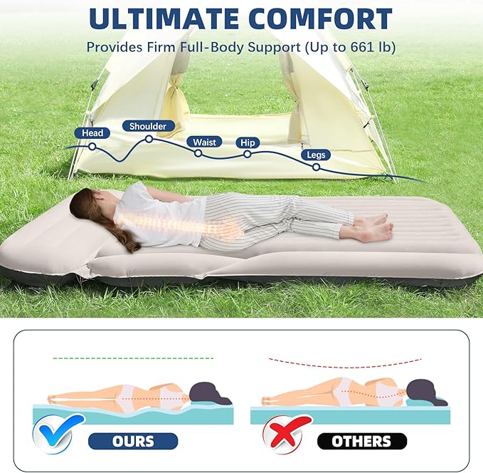 KMZ SUV Air Mattress Thickened Double Flocking Camping Mattress Upgraded Portable Sleeping Car pad Comfortable Inflatable Travel Bed with External Pump and 2 Pillows(Off-White and Light Gray)