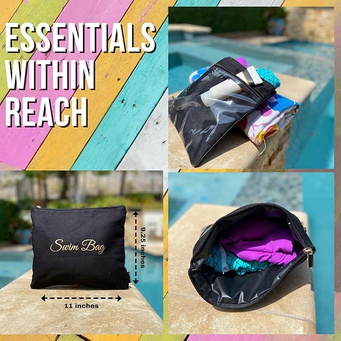 Travel Fanatics Swim Bag - Reusable Dry Wet Bag with Waterproof Lining, 11"x9.25" Beach & Pool Pouch, Wet Dry Bag for Gym, Swimwear, Travel Essentials, Durable Canvas Design - Black
