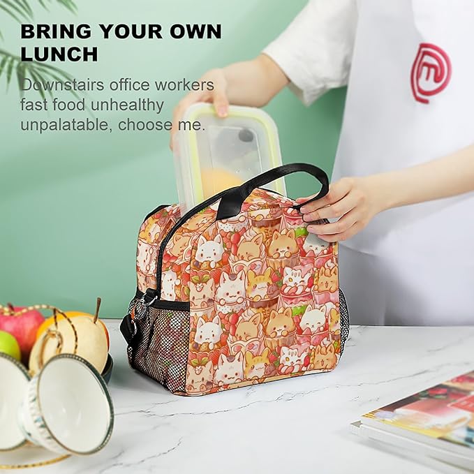 Lunch box Kids,Insulated Cat Lunch Bag Cute Small Pink Lunch Totebag Reusable Leakproof Corgi Lunch Bag With Shoulder Strap for Girls Boys Women School Work Picnic (red cat)