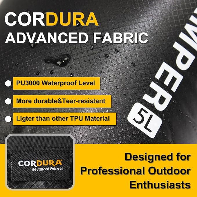 CORDURA Waterproof Dry Bag-Upgraded Tear-Resistant Roll Top Sack with Survival Whistle -Ultra-Light&Portable-Designed for High-Intensity Adventures-Keeps Gear Dry&Secure (5L/Black)