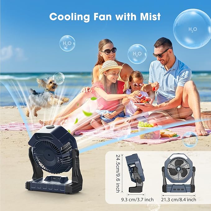 Ausic Portable Misting Fans for Outside, Outdoor Cooling Fan for Patios, 8 Inch Battery Operated Rechargeable Fans, Water Spray Fan with Light & Hook for Beach Camping Essential