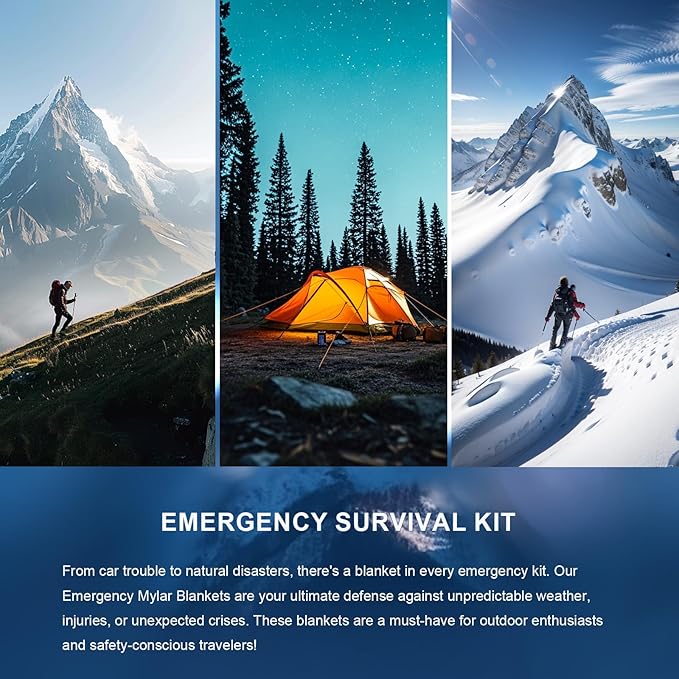 Emergency Blankets, Mylar Blankets, Space Thermal Blanket Survival Gear, Foil Blankets for Warmth, Heat Reflective Blanket for Outdoor Camping, Hiking, First Aid, Marathons, Bug Out Bag, Car Emergency