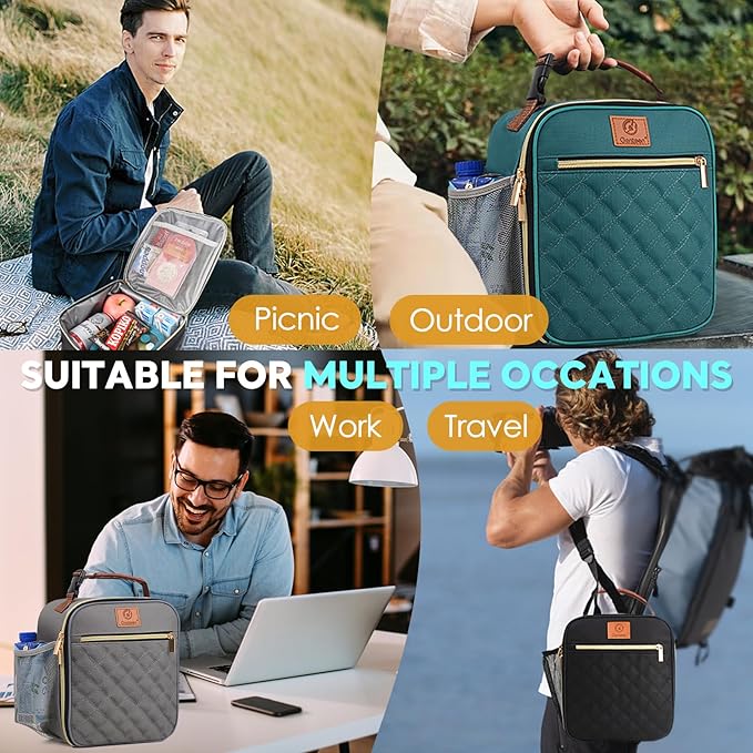 Lunch Box Reusable Lunch Bag for Men Women Kids Adults,Insulated Lunch Bag Waterproof Lunch Box Cooler,Small Lunch Box With Side Pockets for Work Office School Travel Picnic -Gray