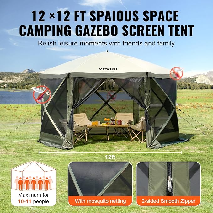 VEVOR Pop Up Gazebo Screen Tent, Instant Gazebo Tent with Mosquito Netting Outdoor Canopy, 6 Sided Sun Shelter 12x12ft w/ 6 Removable Wind Cloths & 2 Mesh Windows, Pavilion Tent for Patio, Army Green