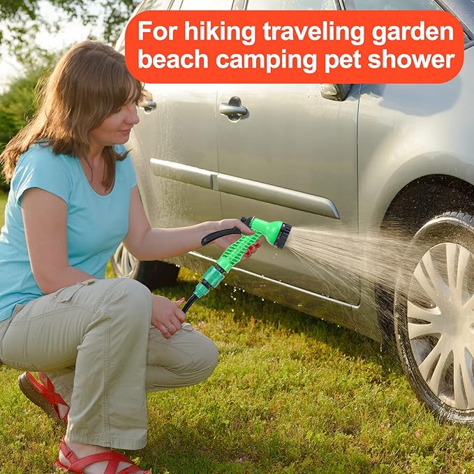 SearQ Portable Camping Shower with 7 Spray Modes, Hand Press Shower with Removable Hose and Head, Pressure Rinse Kit for Hiking, Traveling, Garden, Beach, Pet