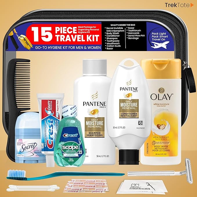 Trektote Travel Toiletry Kit For Women – 15 Piece Set of Travel Size Toiletries, TSA Compliant, Includes Pantene Shampoo And Conditioner, Olay Body Wash, Reusable Toiletry Bag & More