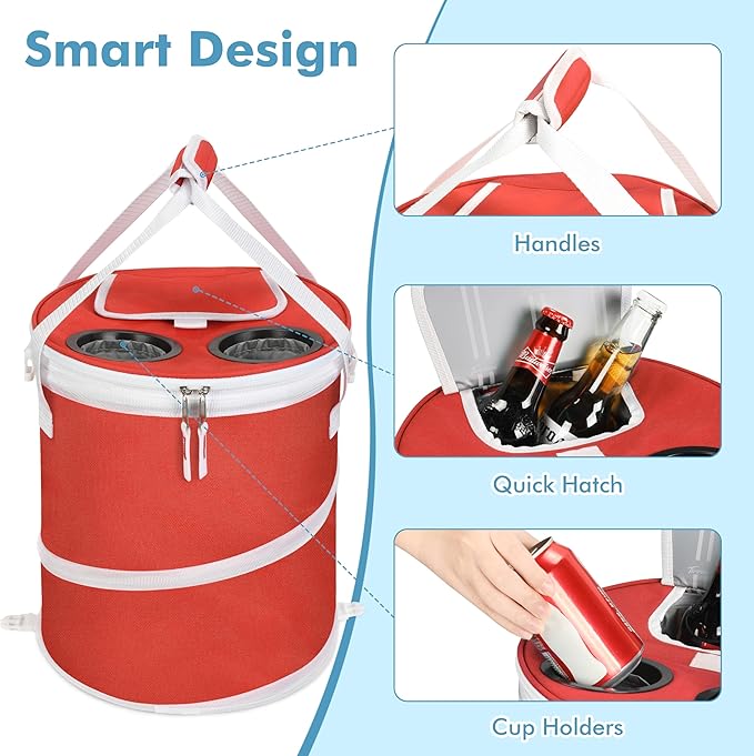 Tirrinia Pop-Up Collapsible Cooler Bag - Insulated, Lightweight with Built-in Cup Holder | Leak-Proof Portable Soft Cooler for Camping, Beach, Picnics, Travel