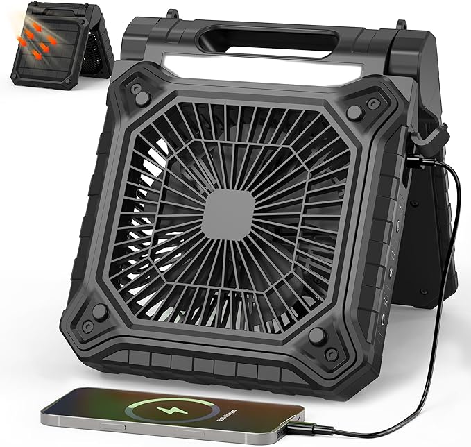 KITWLEMEN 10 Inch Solar Camping Fan with Light- Rechargeable Battery Operated Fan, 19H Run Time, 3 Speed, 6H Timer, SOS Signal, Portable Desk Fan for Camping Fishing RV Trips Hurricane Power Outage