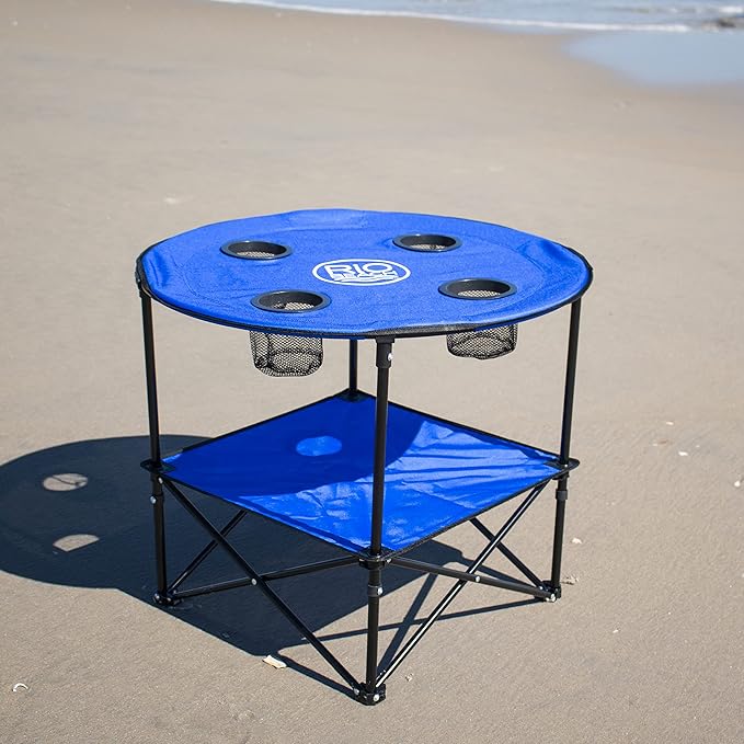 Rio Brands 28" Round Lightweight Fabric Portable Folding Beach Table with Cupholders, Blue