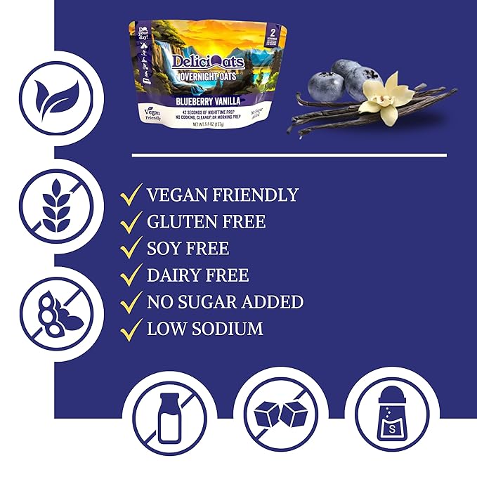 DeliciOats Overnight Oats | Dairy Free, Soy Free, Gluten Free Oatmeal for Backpacking, Camping, Emergency Food, and Everyday Breakfast (Pack of 1, Blueberry Vanilla)