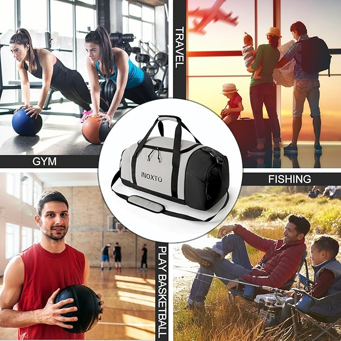 Sports Gym Bag,INOXTO Travel Duffel Bag with Dry Wet Pocket And Shoe CompartmentFor Women and Men,40L/55L Fitness Waterproof Weekender Bag For Swim Sports Travel Working Out (Gray, 55L)