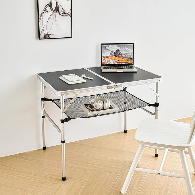 Folding Camping Table, 36''L x24''W Camp Aluminum Table with Adjustable Height Legs, Indoor Outdoor Lightweight Portable Folding Dining Table for Camp Picnic Beach 3Ft black 2 Heights 15"/28")