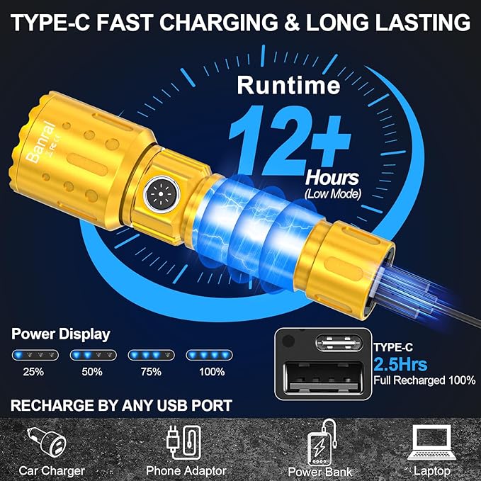 Flashlights High Lumens Rechargeable, 20000 Lumens Super Bright 1500 Meters Long Range Small Powerful Flashlight, 6 Modes LED Tactical Pocket Waterproof Flash Light for Home Emergency (2, Yellow Gold)