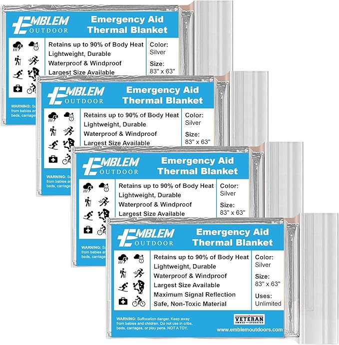 Emergency Thermal Blanket Made of Mylar for Survival, Hiking, Camping, First Aid, and Bug Out Bag - Extra Large (4-Pack)