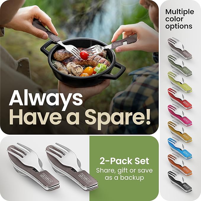 Orblue 4-in-1 Camping Utensils, 2-Pack - Portable Stainless Steel Spoon, Fork, Knife & Bottle Opener Combo Set - Travel, Backpacking Cutlery Multitool, Gray