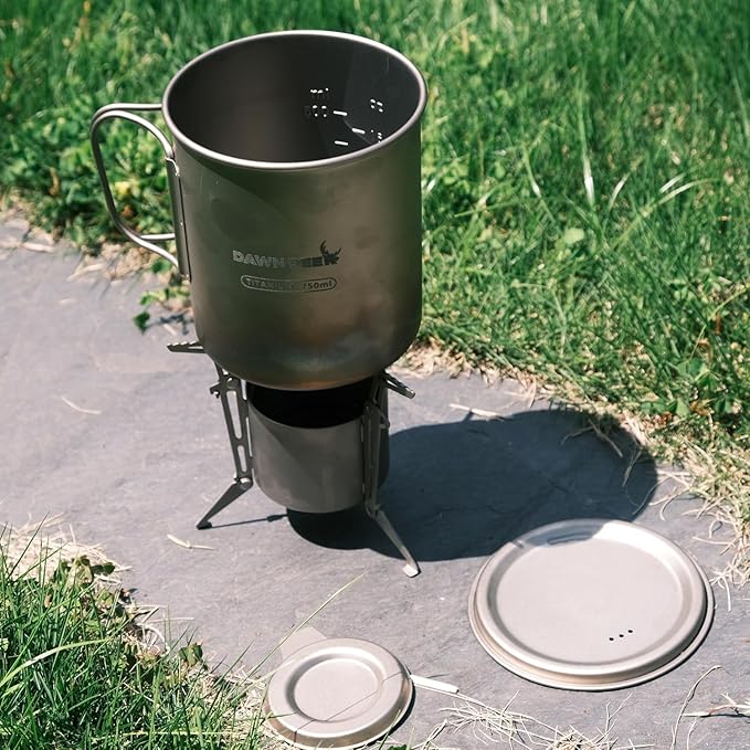 Titanium Backpacking Stove System, Cup/Portable Alcohol Stove/Foldable Spork -750ml Camping Combo (Titanium Combo Set)