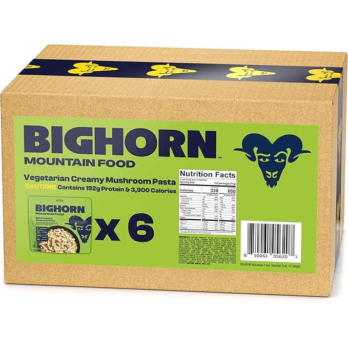 BIGHORN Mountain Food Vegetarian Creamy Mushroom Pasta - contains 6 packs | 12 servings | 192g Protein | 3,900 Calories - premium freeze dried meals for backpacking food - vegetarian backpacking meals - ideal camping meals just add water - great taste