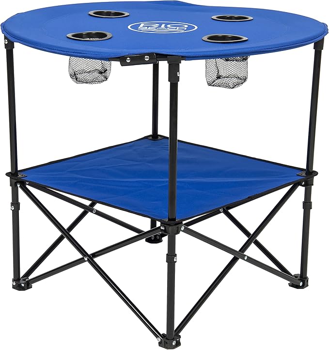 Rio Brands 28" Round Lightweight Fabric Portable Folding Beach Table with Cupholders, Blue