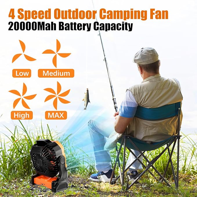 Sugoiti Portable Camping Fan 20000mAh Rechargeable Battery, 4-Speed Quiet Cooling Blower with LED Lantern, 4 Timing, Hanging Hook for Outdoor Picnic Tent Beach Fishing Orange