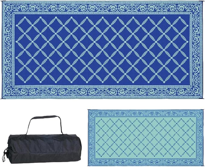 Stylish Camping 119183 9-feet by 18-feet Reversible Mat, Plastic Straw Rug, Large Floor Mat for Outdoors, RV, Patio, Backyard, Picnic, Beach, Camping (Blue/Light-Green)
