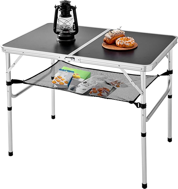 Folding Camping Table, 36''L x24''W Camp Aluminum Table with Adjustable Height Legs, Indoor Outdoor Lightweight Portable Folding Dining Table for Camp Picnic Beach 3Ft black 2 Heights 15"/28")
