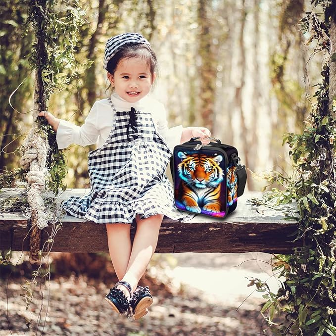 Galaxy Colorful Tiger Insulated Lunch Bag for Girls Boys Teen Cute Tiger Reusable Lunch Box with Shoulder Strap Freezable Thermal Cooler Bag Meal Prep Boxs for School Travel Picnic Beach Lunch Pail