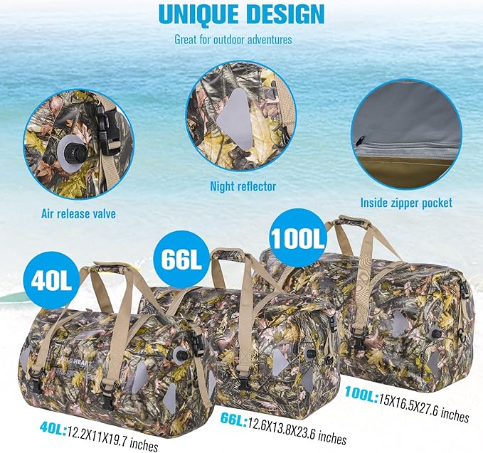 WILD HEART Waterproof Motorcycle Duffel Bag PVC500D Double-bottom With Rope Straps and Inner Pocket 40L 66L 100L for Kayaking, Camping, Boating,Motorcycle