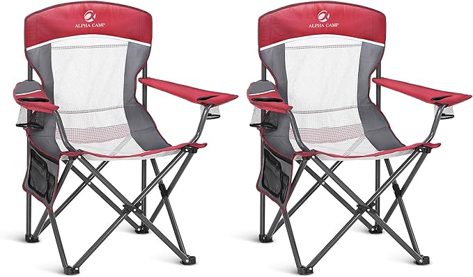 ALPHA CAMP 2PC Oversized Mesh Back Camping Folding Chair Heavy Duty Support 350 LBS Collapsible Steel Frame Quad Chair Padded Arm Chair with Cup Holder Portable for Outdoor (Red-2PC)