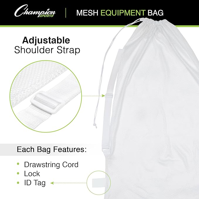 Champion Sports Mesh Equipment Bag – Heavy-Duty Nylon Drawstring Bag with Lock & ID Tag, Breathable Storage Sack for Balls, Swim Gear, Laundry & Toys, Multiple Sizes & Colors