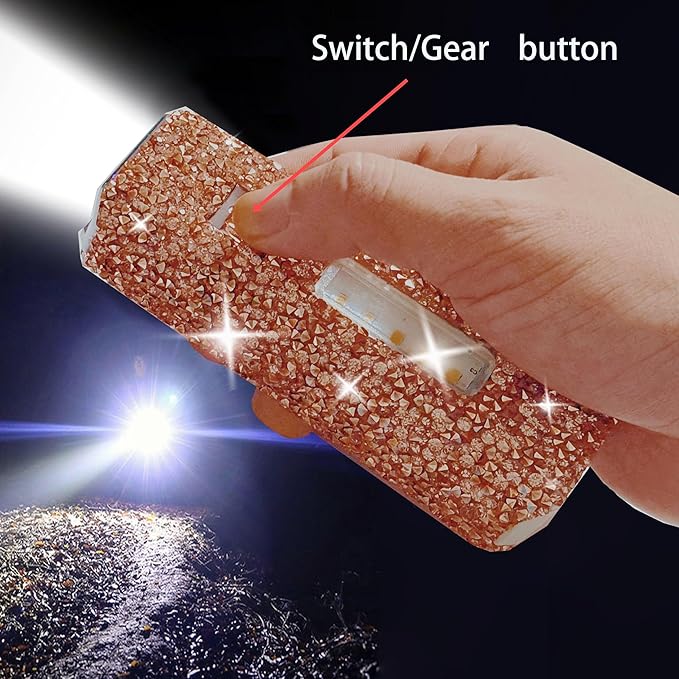 Pink Flashlight for Girls Rechargeable Flashlights Bling Diamond Rhinestone Camping Small Flashlight Camping Essentials for Woman