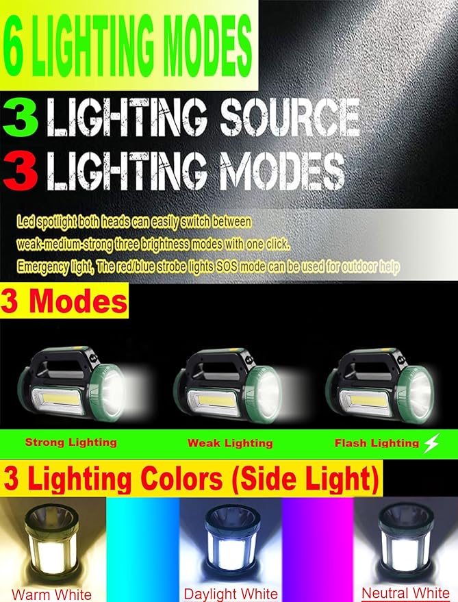 Solar LED Searchlight Spotlights, Rechargeable Super Bright 10000LM Handheld Spotlight Lantern, Multifunctional LED Lamp Camping Work Light, 6 Light Modes, Power Bank, IPX4 Waterproof