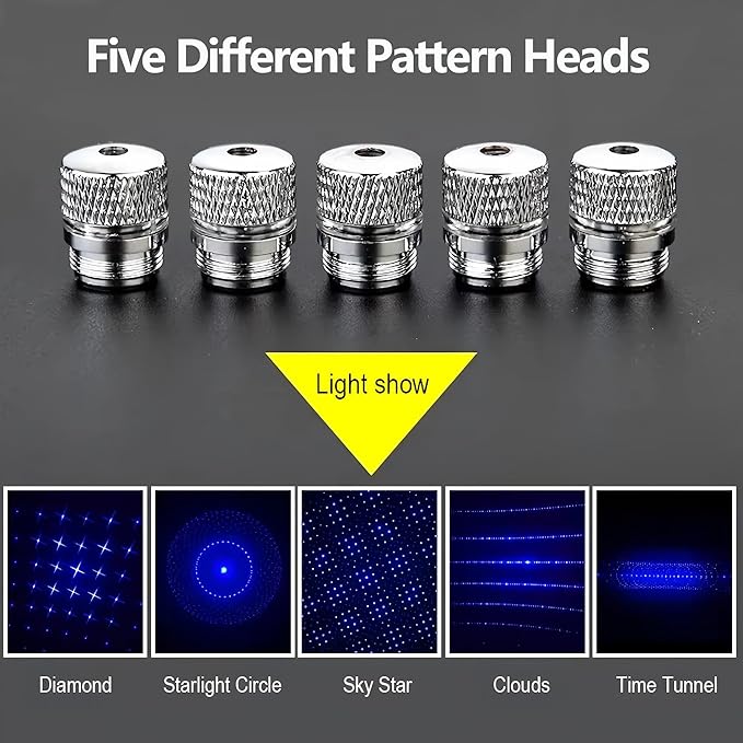 High Power Blue Flashlight, Long Range Powerful Blue Light, Rechargeable Flashlight with 5 Star-Cap for Camping, Hiking, Hunting, Fishing, Silver