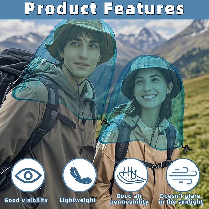 Oversized Mosquito Net 42 x 25 Inches Ultra Large Mosquito Head Net Face Neck Fly Mesh Netting Fits All Hats for Outdoor Camping Hiking Fishing Gardening Safari(Blue)