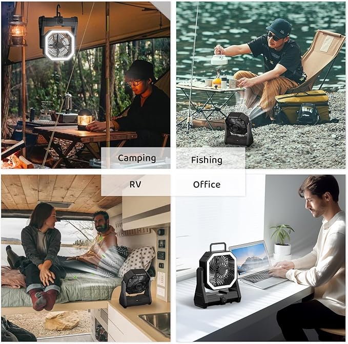 SmartTail Portable Camping Fan, 20000mAh Battery Powered Fan with LED & Hook, Stepless Speed & Timing Rechargeable Fan, Cordless Desk Fan for Camping, Tent, Fishing, Travel, Office-black