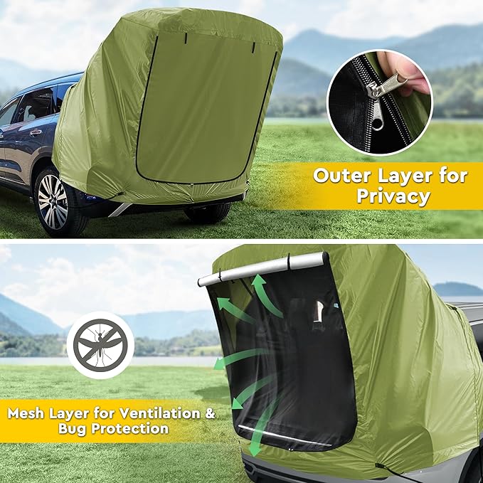 BUMBEE SUV Tailgate Tent Car Roof Canopy and Poles with Awning Shade, Outdoor Hatchback Rear Shelter, Roof Canopy, Waterproof Bug Protection, Fits for MPVs CUVs Van, Green